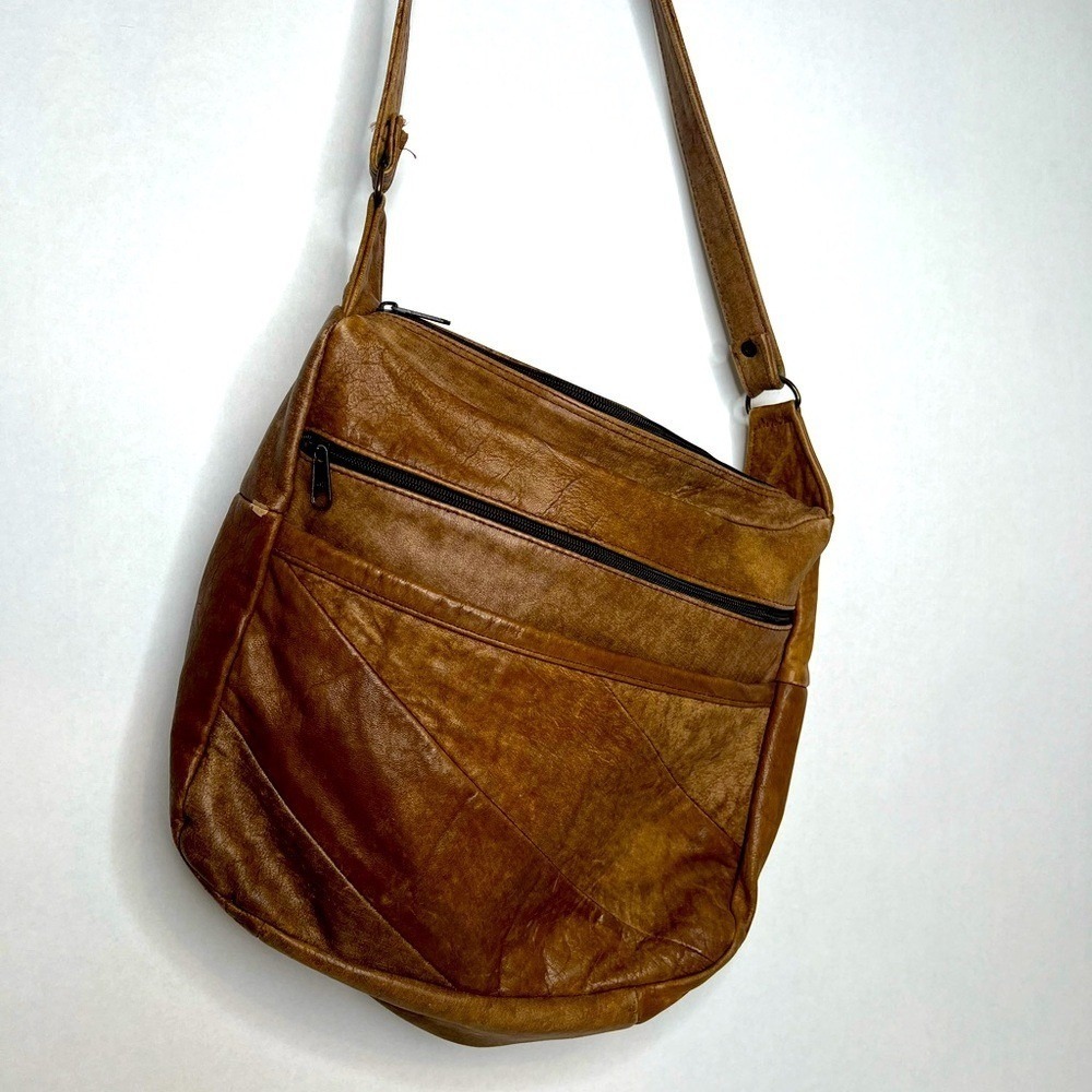 Vtg Genuine Leather Roomy Purse Large Crossbody Hobo Bag Zippers Hippy Slouch